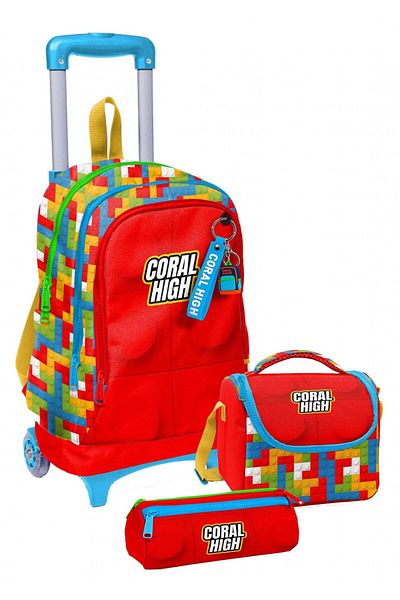 Coral High Boy with a Rickshaw Wheel, Red Building Blocks, Primary School Triple School Bag Set