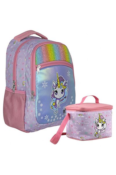 Cennec Rainbow Unicorn Patterned Girl's Turquoise Pink Double Bag and Nutrition Set - Setumt5015B