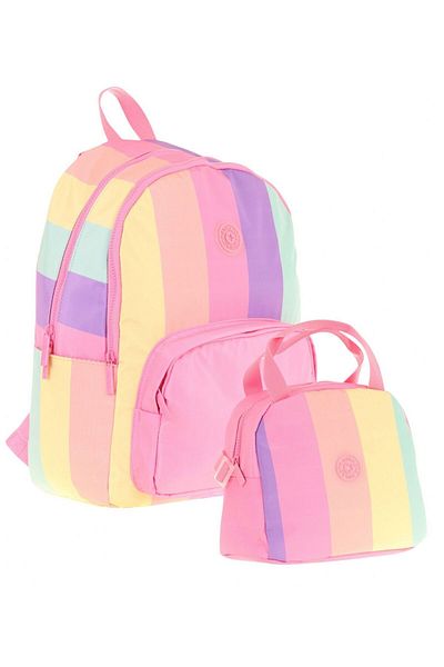 KAUKKO Rainbow Three Compartment Primary School Bag and Lunch Box Set - Pink Multicolor Striped