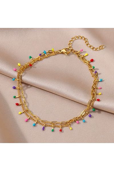 derokas Elegant Gold Tone Stainless Steel Colorful Beaded Double Layer Foot Bracelet