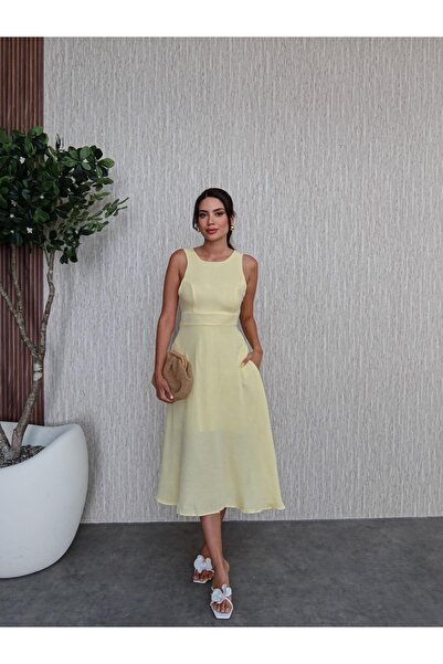 ESRAHELVACI Kalın Askı Keten Cepli Elbise