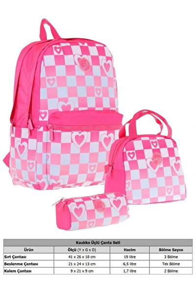 KAUKKO Nature Üçlü Kız Çocuk Okul Çanta Seti - Pembe - Dama ve Kalp Desenli