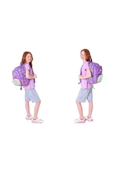KAUKKO Kids Kız Çocuklara Özel (Mor Pembe - Flamingo Nakışlı ve Baskılı) Üçlü Okul Çantası Seti