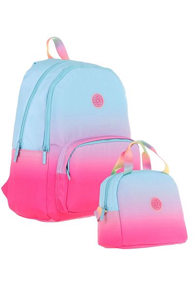 KAUKKO Rainbow Three Compartment Primary School Bag and Lunch Box Set - Blue Pink Color Transition
