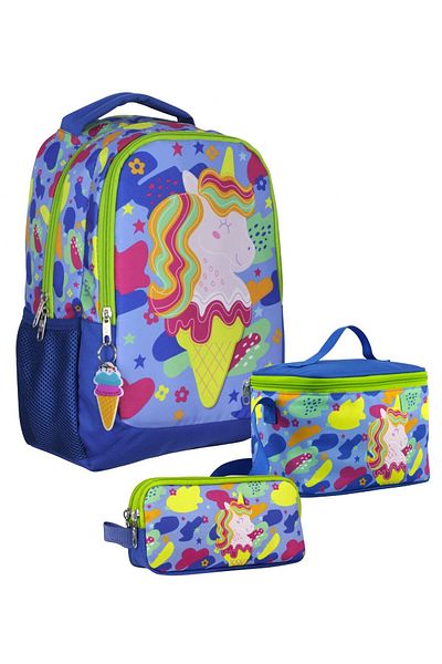Cennec SETUMT5036A Set de genți triplu pentru școală primară (albastru verde - înghețată și unicorn - fetiță)