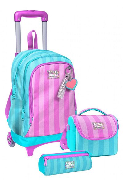 Coral High Racing Wheel Girl, Turquoise Pink Striped, Primary School Triple School Bag Set