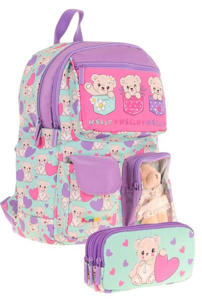 KAUKKO Girl's Five Compartment School Bag and Three Compartment Pen Holder Se...