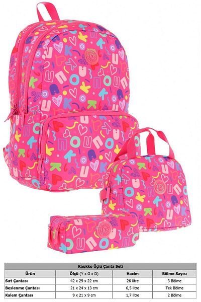KAUKKO Brocade Triple School Bag Set - Pink - Heart and Kaukko Printed - Girl