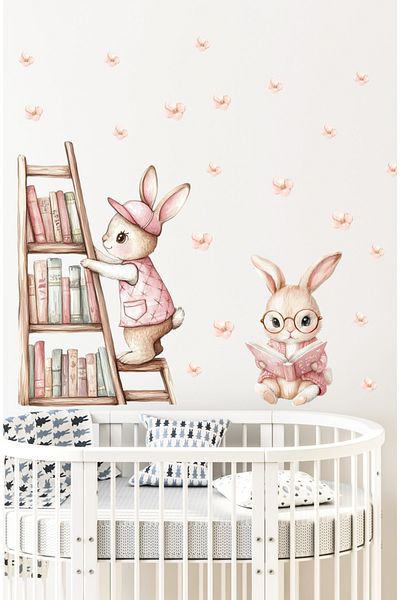 Sim Tasarım Cute Rabbits Reading Books in the Library Decorative Wall Sticker Set