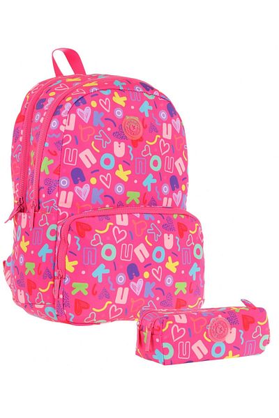 KAUKKO Brocade Heart and Kaukko Printed Pink Girl's School Bag and Pen Holder Set