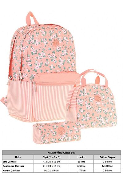 KAUKKO Set de genți de școală pentru fete triple florale moi - somon - model de flori și dungi