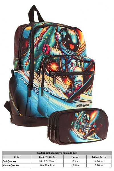 KAUKKO Set ghiozdan pentru băieți Layer + geantă pentru creion (negru - astronaut skier)