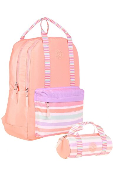 KAUKKO Double School Bag Set - School Bag + Pen Holder - Salmon - Stripe Patt...