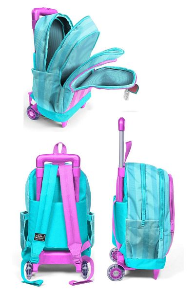 Coral High Racing Wheel Girl, Turquoise Pink Striped, Primary School Triple School Bag Set