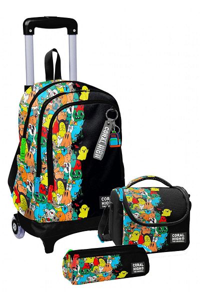 Coral High Set de genți pentru băieți cu roți, fantome negre, școală primară triplă
