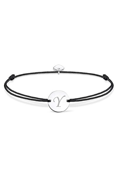 dalimag Brățară reglabilă cu monedă rotundă și inimă, argint, litera Y gravată, șnur negru