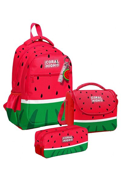 Coral High Three-Eyed Red Green Watermelon, Boy, Primary School Triple School Bag Set
