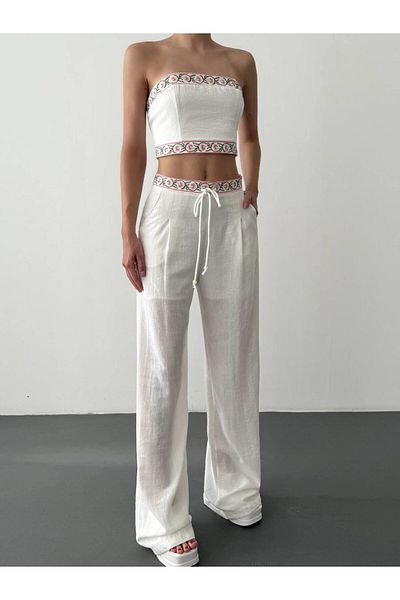 Coral Embroidery and Bead Detailed Trousers Ecru