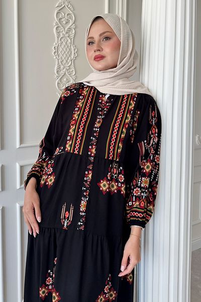 InStyle Motif Embroidered Black Viscose Dress