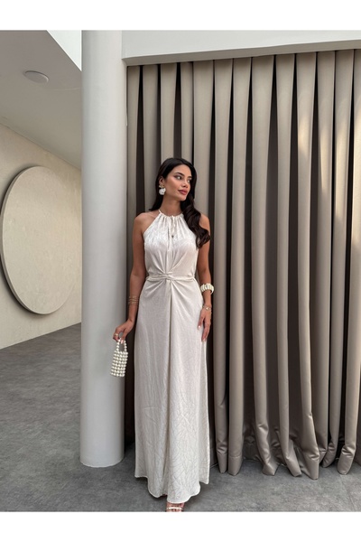 ESRAHELVACI Krem Bel Bağlamalı Yırtmaçlı Elbise