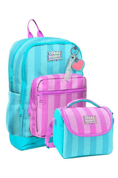 Coral High Durable Double Primary School Bag Set for Girls - Turquoise Pink Stripes
