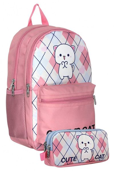 Cennec Umt5024+Umt5026 Backpack and Pen Holder Set (White Pink - Love Cute Cat - Girl)
