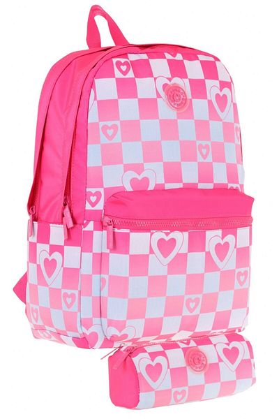 KAUKKO Nature Checkerboard and Heart Patterned Pink Girl's School Bag and Pen Holder School Set