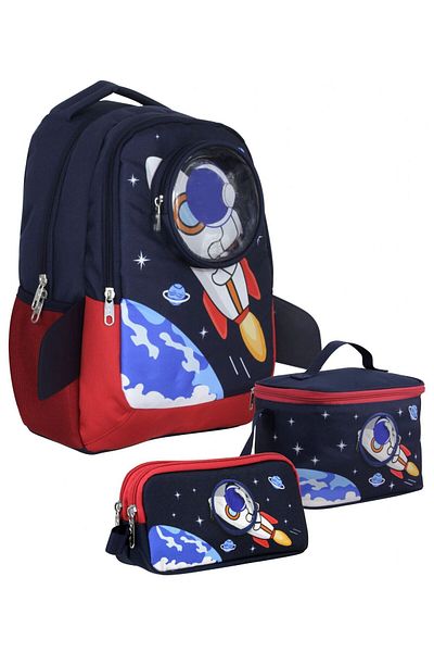 Cennec SETUMT5042A Set de genți triplu pentru școala primară (albastru marin roșu - astronaut 3D - băiat)
