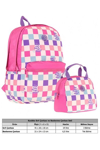 KAUKKO Σχολική τσάντα Nature Pink Checkerboard και Σετ Διατροφής Θερμομονωμένο - Κορίτσι