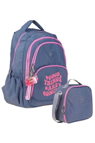 KAUKKO Crinkle School Bag and Thermos Lunch Box Set - Girl - Gray Pink