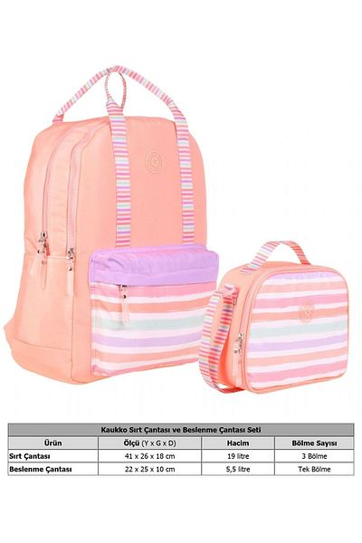 KAUKKO Salmon Colored Line Patterned School Bag and Lunchbox Set for Girls