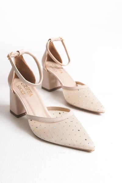 Griffa Women's Beige Tulle Stone Closed Back Daily Casual Evening Dress Stiletto Heeled Shoes