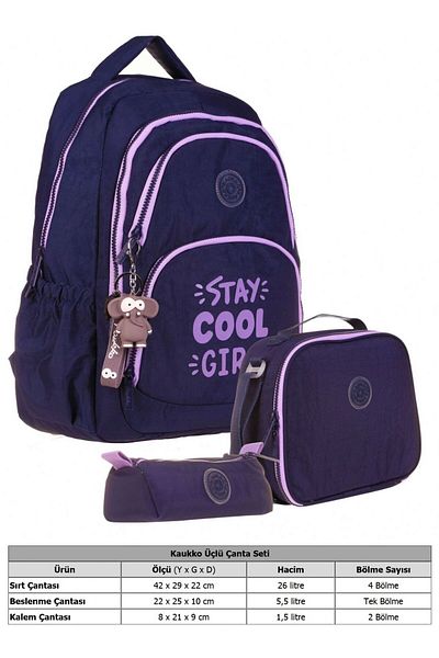 KAUKKO Set de genți de școală triplu pentru fete, albastru bleumarin, violet - țesătură șifonată - K1680+K9004+K2645