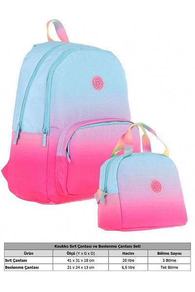 KAUKKO Rainbow Three Compartment Primary School Bag and Lunch Box Set - Blue Pink Color Transition