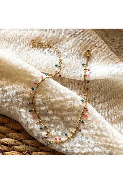 derokas Elegant Gold Tone Stainless Steel Colorful Beaded Double Layer Foot Bracelet Guaranteed No Tarnish