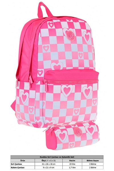 KAUKKO Nature Checkerboard and Heart Patterned Pink Girl's School Bag and Pen Holder School Set
