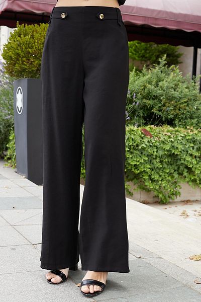 Jument Women's Silky Modal Fabric High Waist Elastic Waist Epaulets Side Pockets Wide Leg Palazzo Pants-Black