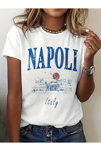 İnazuma Outdoors تي شيرت أبيض بأكمام قصيرة وياقة دائرية من القطن مطبوع للجنسين من نابولي