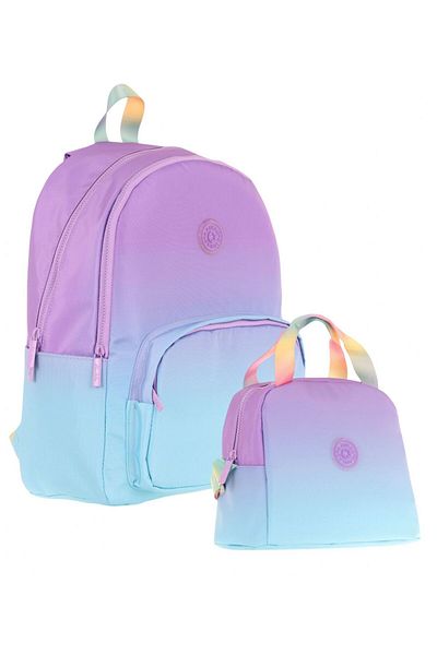 KAUKKO Set ghiozdan și cutie de prânz pentru școală primară cu trei compartimente Rainbow - Transiciune de culoare violet turcoaz