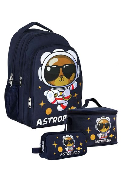 Cennec Set de geanți de școală cu trei compartimente pentru băiat astronaut ursuleț de pluș - bleumarin alb - SETUMT5045A
