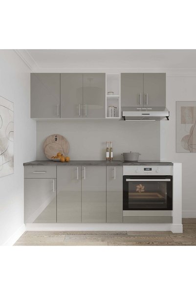 haaus.ro Set Bucatarie Karo V9, Gri Lucios/Alb, MDF, Blat Thermo 28 mm, L 180 cm