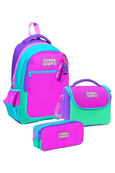 Coral High Three-Eye Pink Green Multicolor, Girls, Primary School Triple School Bag Set