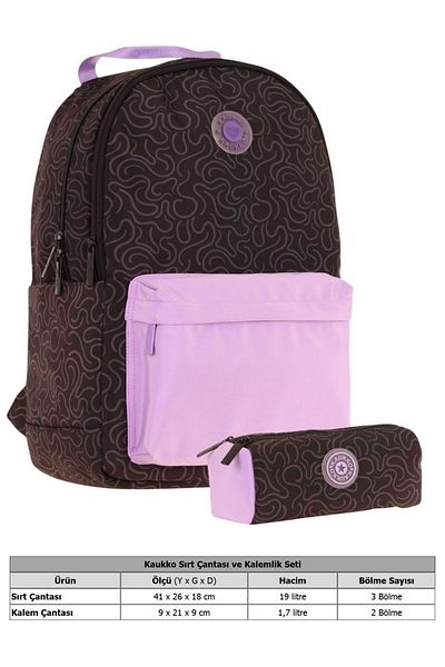 KAUKKO Set ghiozdan și suport pentru creion pentru școală primară cu model de dungi pentru fete - negru violet