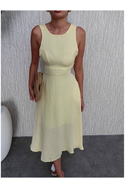 ESRAHELVACI Kalın Askı Keten Cepli Elbise