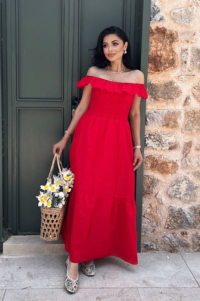 giyimmasalı Cotton Brode Fabric Boat Neck Dress - Red