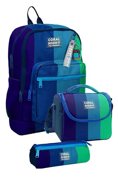 Coral High Комплект от три ученически чанти за начално училище - тъмносиньо-зелено-райесто, за момчета