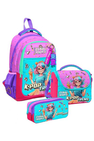 Coral High Three-Eyed Pink K-Pop Ice Cream Girl, Girl, Primary School Three-Piece School Bag Set