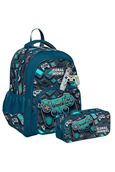 Coral High İlkokul Sırt Çantası ve İki Bölmeli Kalemlik - Erkek Çocuk - Nefti...