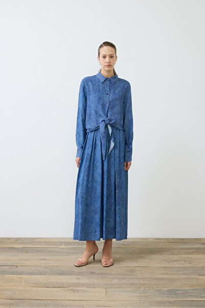 DENİM PATTERNED RAYON VISCOSE TIE SKIRT SET NAVY