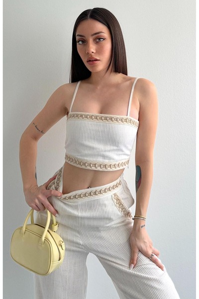 FASHION COCKTAIL Line Textured Lace Stripe Pocket Elastic Waist Trousers Back Elastic Sports Bustier Linen Suit